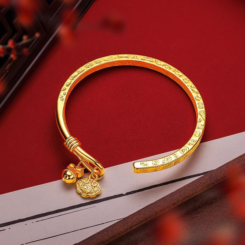 Gold Sand Engraved Bracelet 14K Gold-Plated Women's Bracelet Amulet Cuff Bracelet | Affordable Luxury Everyday Jewelry, Brightening and Elegant Gift  Hypoallergenic and Fade-Resistant |Wealth and Prosperity Charm