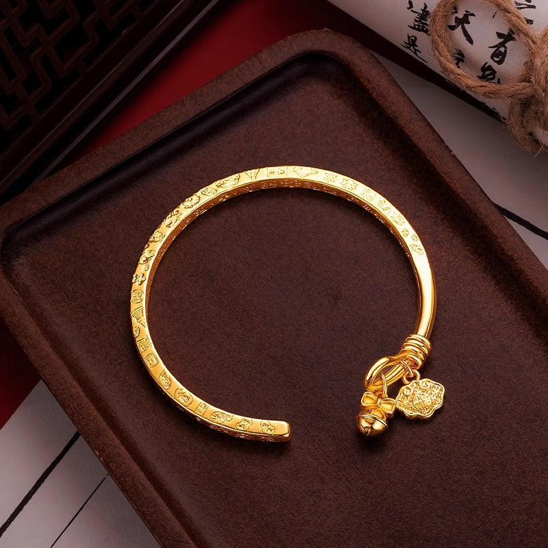 Gold Sand Engraved Bracelet 14K Gold-Plated Women's Bracelet Amulet Cuff Bracelet | Affordable Luxury Everyday Jewelry, Brightening and Elegant Gift  Hypoallergenic and Fade-Resistant |Wealth and Prosperity Charm